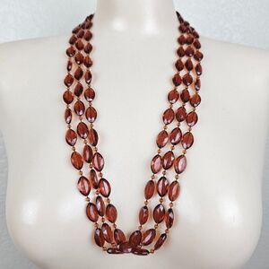 Vintage Faceted Cognac Brown Orange Acrylic Bead Triple Strand Necklace 28" Long